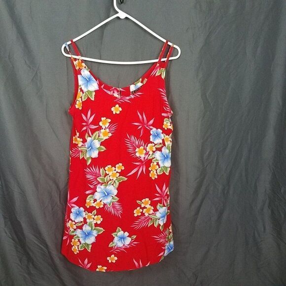 Tiki Palm Medium Red Sleeveless Floral Pull On Shift Dress Rayon Knee Length M - Picture 14 of 16